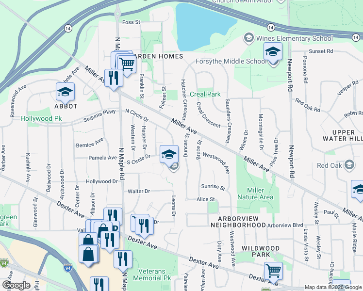 map of restaurants, bars, coffee shops, grocery stores, and more near 1000 Duncan Street in Ann Arbor
