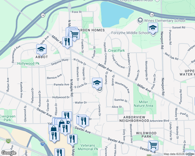 map of restaurants, bars, coffee shops, grocery stores, and more near 2244 South Circle Drive in Ann Arbor