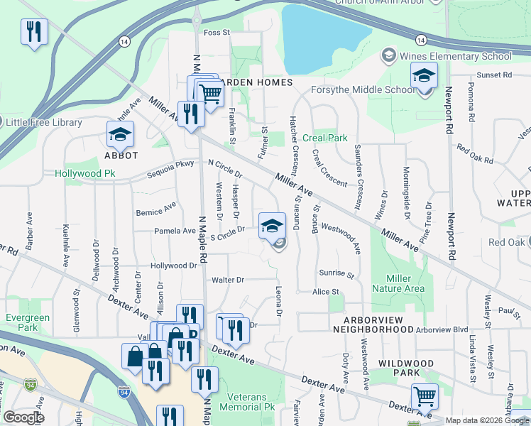 map of restaurants, bars, coffee shops, grocery stores, and more near 2244 South Circle Drive in Ann Arbor