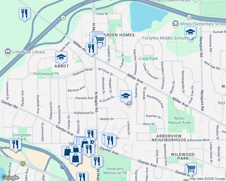 map of restaurants, bars, coffee shops, grocery stores, and more near 1025 Westaire Way in Ann Arbor