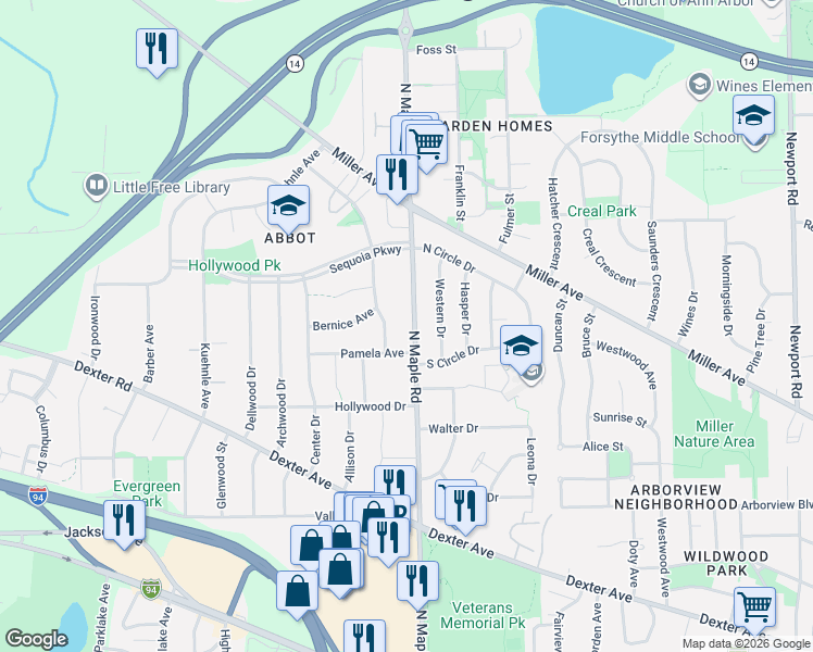 map of restaurants, bars, coffee shops, grocery stores, and more near 1025 North Maple Road in Ann Arbor