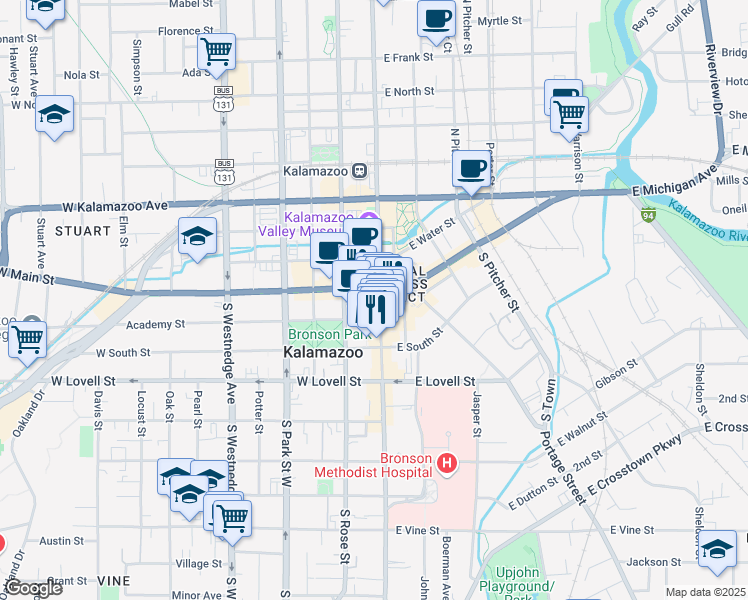 map of restaurants, bars, coffee shops, grocery stores, and more near 125 West Exchange Place in Kalamazoo