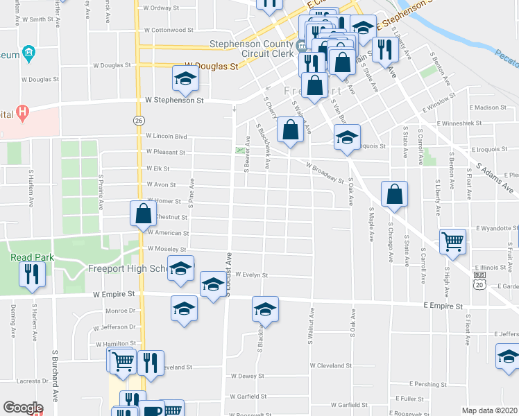 map of restaurants, bars, coffee shops, grocery stores, and more near 522 West Chestnut Street in Freeport
