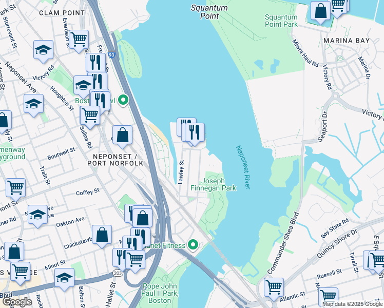 map of restaurants, bars, coffee shops, grocery stores, and more near 55 Port Norfolk Street in Boston