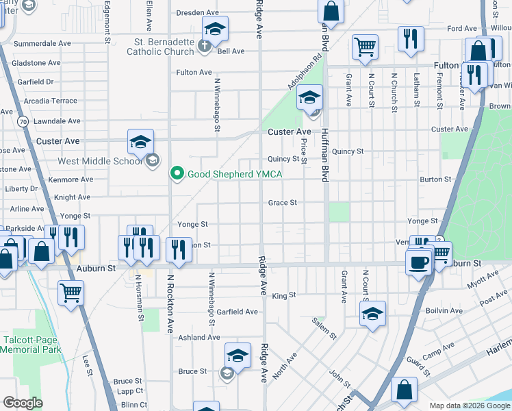 map of restaurants, bars, coffee shops, grocery stores, and more near 1724 Ridge Avenue in Rockford