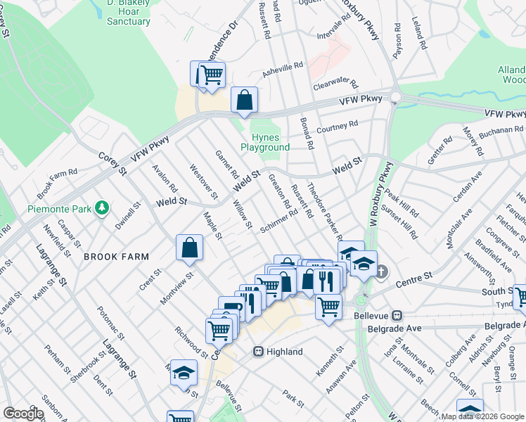 map of restaurants, bars, coffee shops, grocery stores, and more near 126 Redlands Road in Boston
