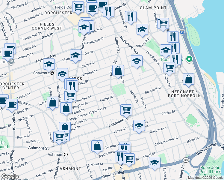 map of restaurants, bars, coffee shops, grocery stores, and more near Adams Street in Boston