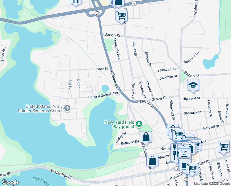 map of restaurants, bars, coffee shops, grocery stores, and more near 10 General Greene Avenue in Natick