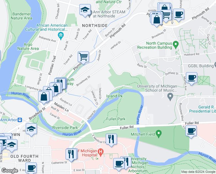 map of restaurants, bars, coffee shops, grocery stores, and more near 1257 Island Drive in Ann Arbor