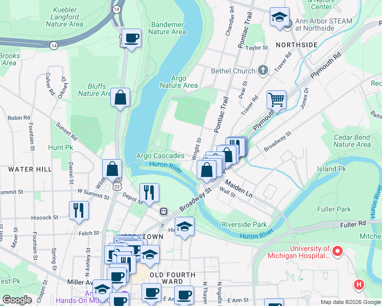 map of restaurants, bars, coffee shops, grocery stores, and more near 603 Longshore Drive in Ann Arbor