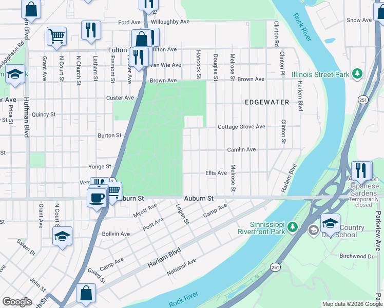 map of restaurants, bars, coffee shops, grocery stores, and more near 810 Camlin Avenue in Rockford