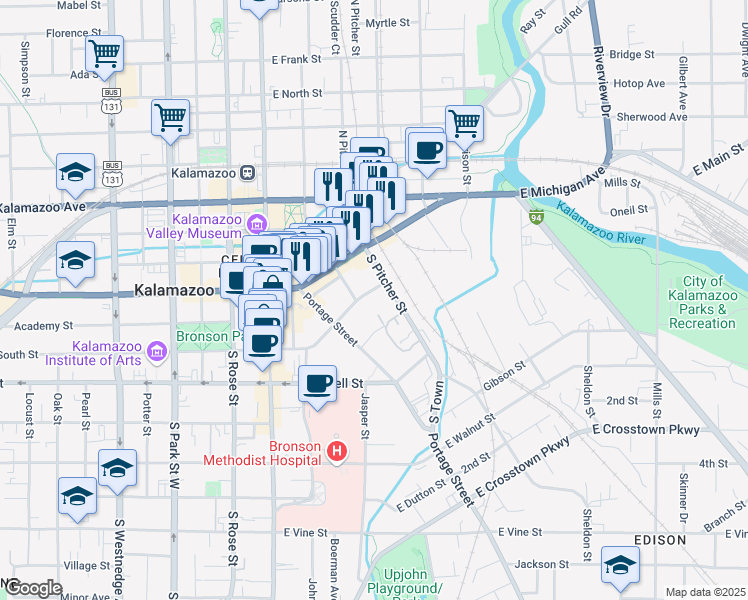 map of restaurants, bars, coffee shops, grocery stores, and more near 422 East South Street in Kalamazoo