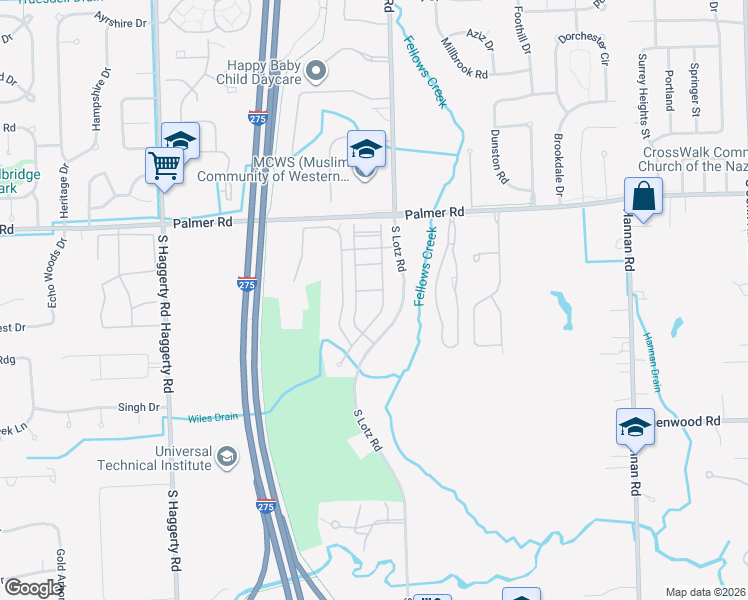 map of restaurants, bars, coffee shops, grocery stores, and more near 40599 Blythefield Lane in Canton