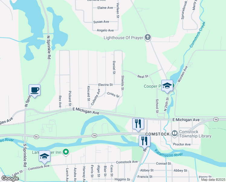 map of restaurants, bars, coffee shops, grocery stores, and more near 5687 Cross Street in Kalamazoo