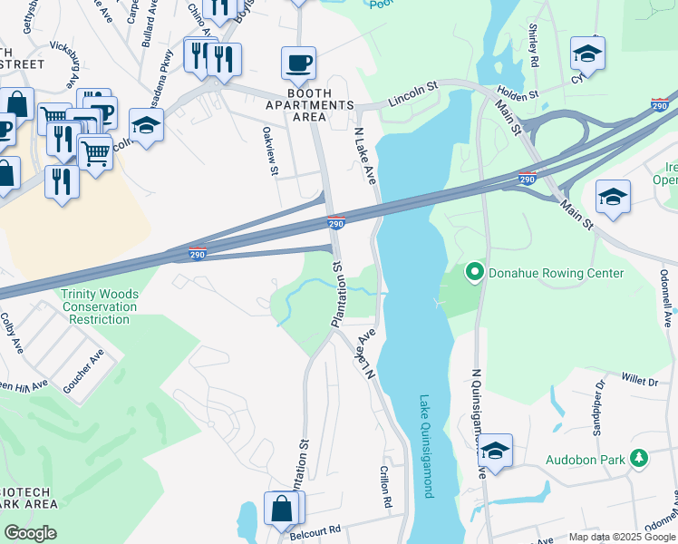 map of restaurants, bars, coffee shops, grocery stores, and more near 595 Plantation Street in Worcester