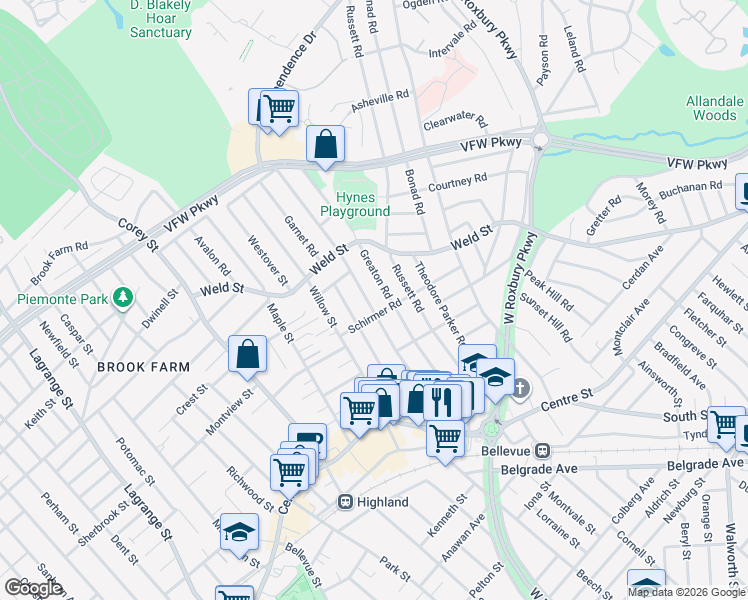 map of restaurants, bars, coffee shops, grocery stores, and more near 111 Manthorne Road in Boston