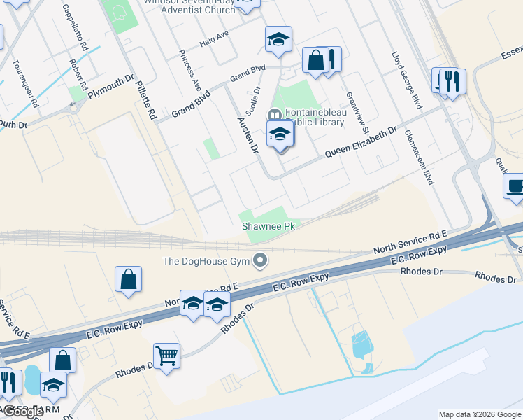 map of restaurants, bars, coffee shops, grocery stores, and more near 5125 Colbourne Drive in Windsor