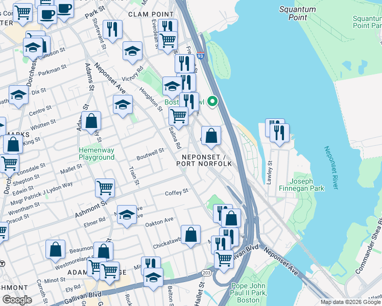 map of restaurants, bars, coffee shops, grocery stores, and more near in Boston