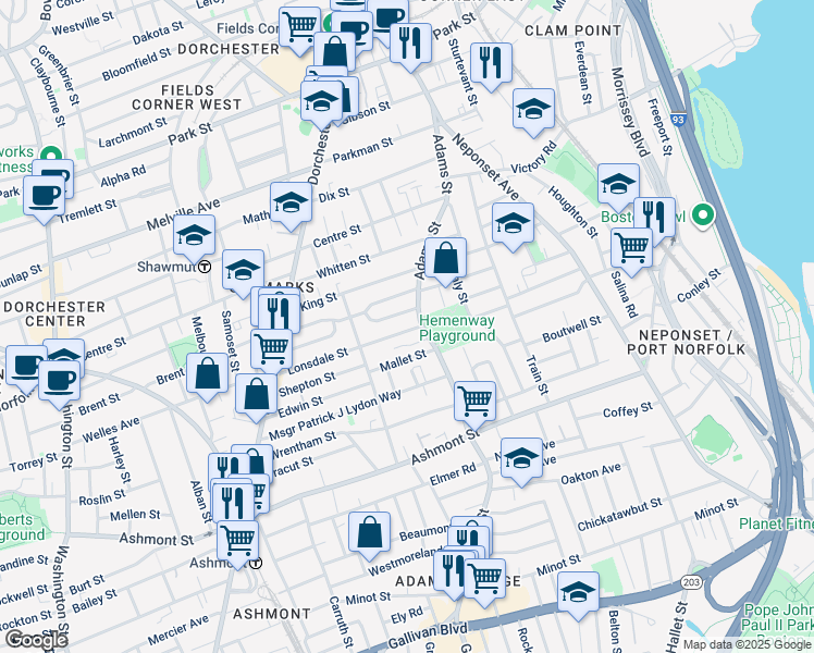 map of restaurants, bars, coffee shops, grocery stores, and more near 107 Lonsdale Street in Boston