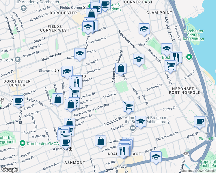 map of restaurants, bars, coffee shops, grocery stores, and more near 107 Lonsdale Street in Boston