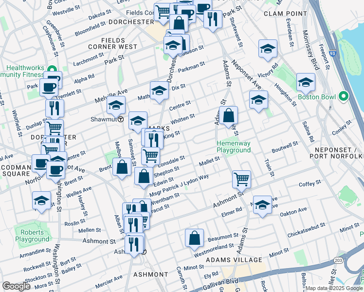 map of restaurants, bars, coffee shops, grocery stores, and more near 47 Semont Road in Boston