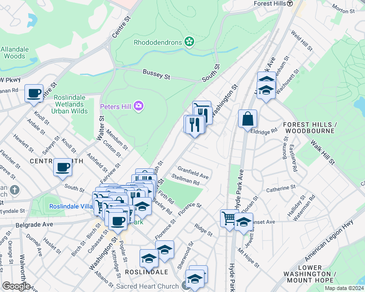 map of restaurants, bars, coffee shops, grocery stores, and more near 4065 Washington Street in Boston