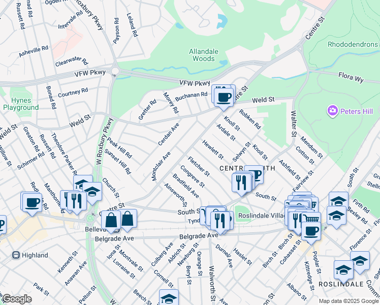 map of restaurants, bars, coffee shops, grocery stores, and more near 97 Fletcher Street in Boston