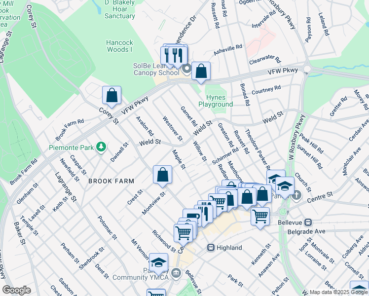 map of restaurants, bars, coffee shops, grocery stores, and more near 135 Maple Street in Boston