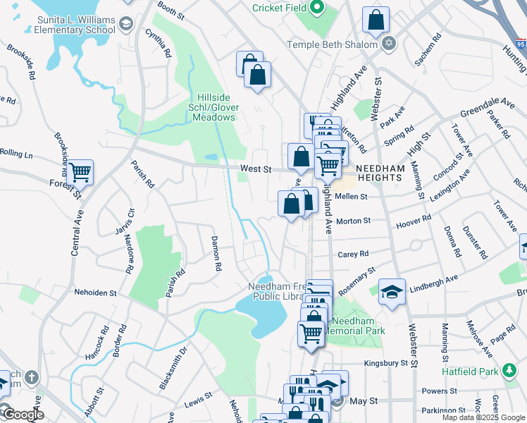 map of restaurants, bars, coffee shops, grocery stores, and more near 100 Rosemary Way in Needham