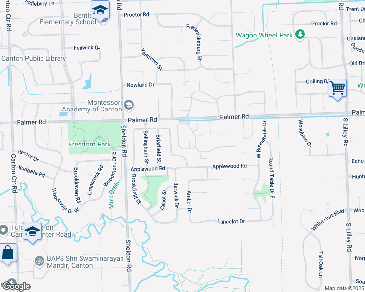 map of restaurants, bars, coffee shops, grocery stores, and more near 2087 South Cavalier Drive in Canton