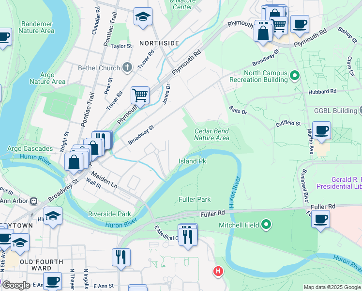 map of restaurants, bars, coffee shops, grocery stores, and more near 1257 Island Drive in Ann Arbor