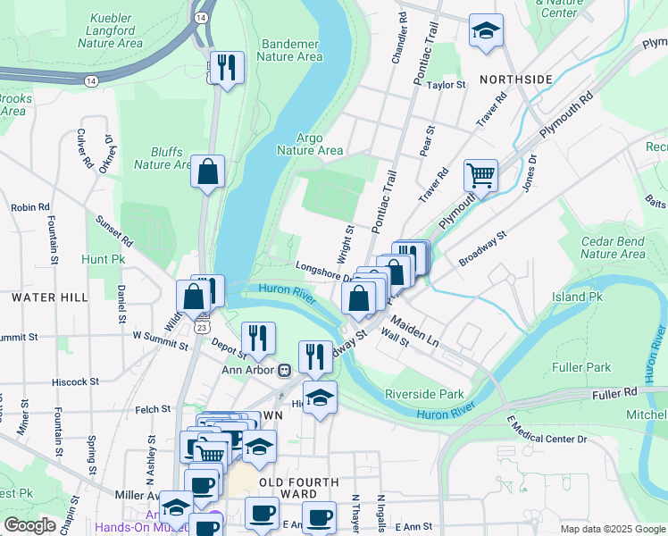 map of restaurants, bars, coffee shops, grocery stores, and more near 603 Longshore Drive in Ann Arbor