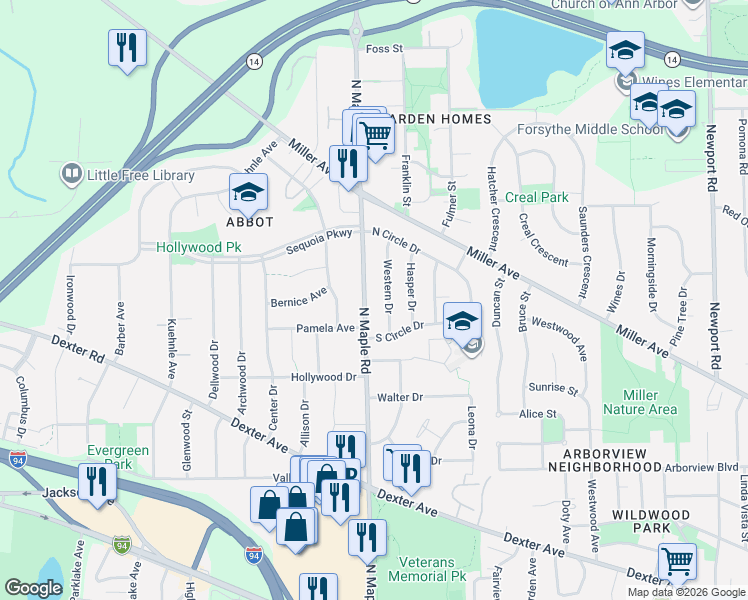 map of restaurants, bars, coffee shops, grocery stores, and more near 1025 North Maple Road in Ann Arbor