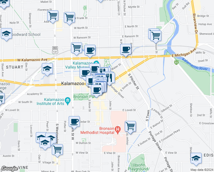 map of restaurants, bars, coffee shops, grocery stores, and more near 143 Farmers Alley in Kalamazoo
