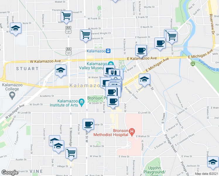 map of restaurants, bars, coffee shops, grocery stores, and more near 125 West Exchange Place in Kalamazoo