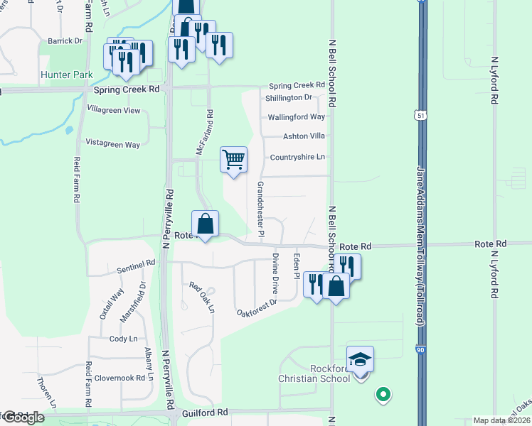 map of restaurants, bars, coffee shops, grocery stores, and more near 1997 Divine Drive in Rockford