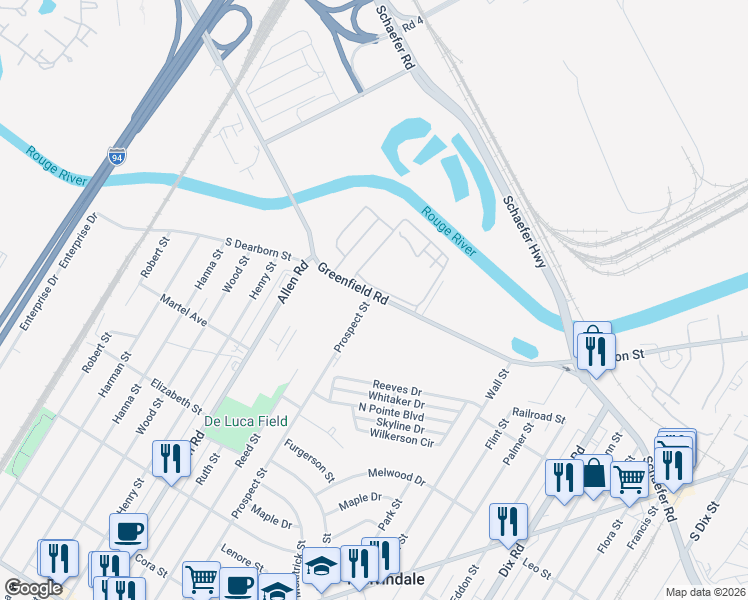 map of restaurants, bars, coffee shops, grocery stores, and more near 3424-3578 Greenfield Road in Melvindale