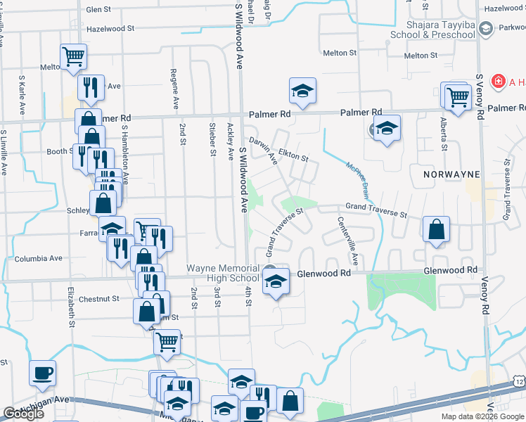 map of restaurants, bars, coffee shops, grocery stores, and more near 34121 Decatur Court in Westland