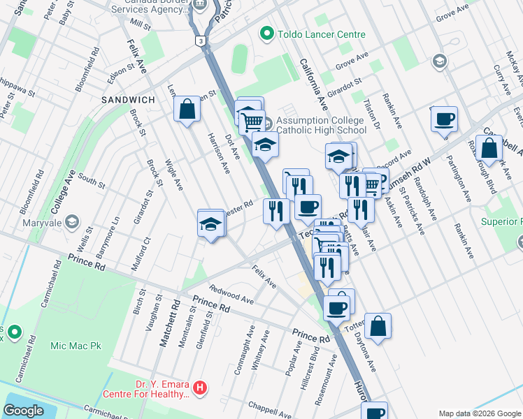 map of restaurants, bars, coffee shops, grocery stores, and more near 1300 Marlborough Boulevard in Windsor