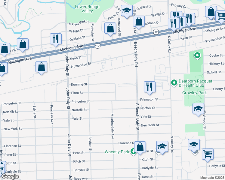 map of restaurants, bars, coffee shops, grocery stores, and more near 26118 Plum Street in Inkster