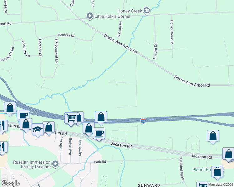 map of restaurants, bars, coffee shops, grocery stores, and more near 395 West Delhi Road in Ann Arbor