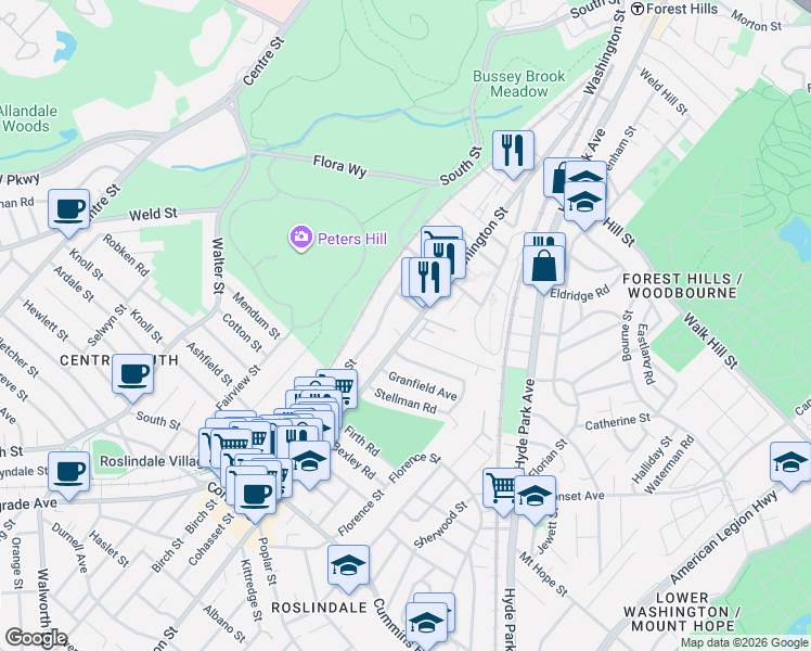 map of restaurants, bars, coffee shops, grocery stores, and more near 4043 Washington Street in Boston