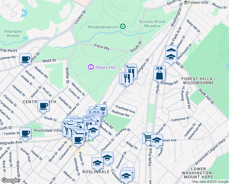 map of restaurants, bars, coffee shops, grocery stores, and more near 620 South Street in Boston