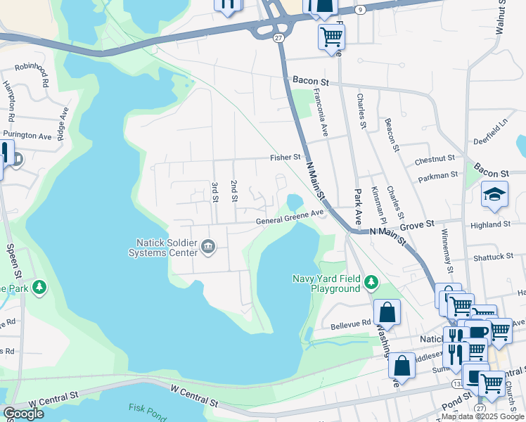 map of restaurants, bars, coffee shops, grocery stores, and more near 8 Lakeview Gardens in Natick