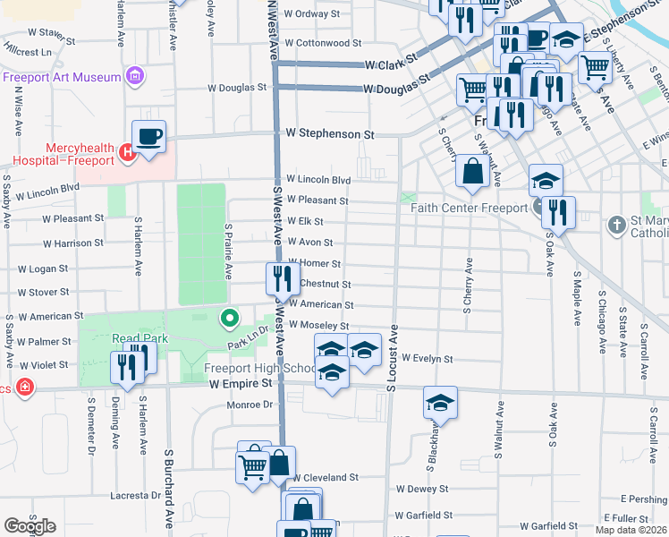 map of restaurants, bars, coffee shops, grocery stores, and more near 714 West Chestnut Street in Freeport
