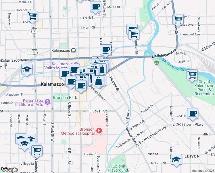 map of restaurants, bars, coffee shops, grocery stores, and more near 422 East South Street in Kalamazoo