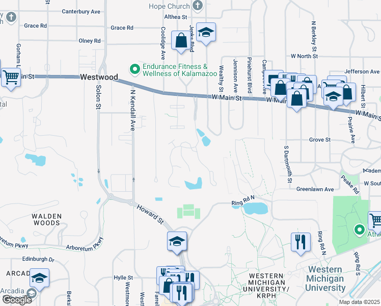map of restaurants, bars, coffee shops, grocery stores, and more near 200 Lake Forest Boulevard in Kalamazoo