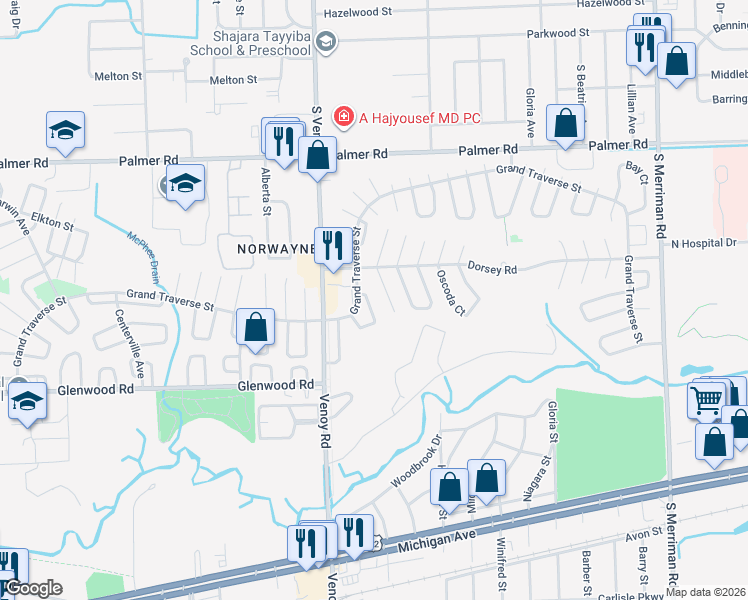map of restaurants, bars, coffee shops, grocery stores, and more near 32626 Montcalm Street in Westland