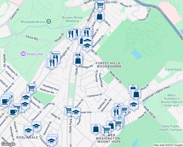 map of restaurants, bars, coffee shops, grocery stores, and more near 59 Bourne Street in Boston