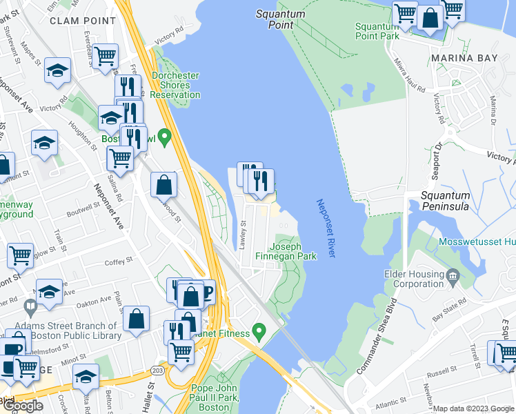 map of restaurants, bars, coffee shops, grocery stores, and more near 17 Ericsson Street in Boston